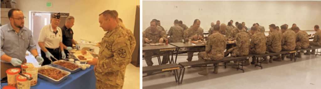 Two photos of Army Guard Unit lunch provided by Post 132 and donated by Texas Roadhouse