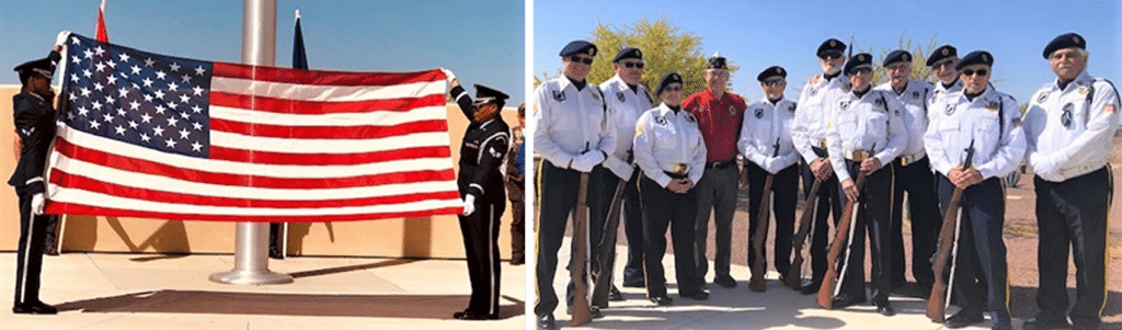 Dual picture, American Flag and Post 132 Honor Guard members.