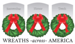 Wreaths Across America Banner, Three green wreaths with red ribbons in front of Veterans gravestones.