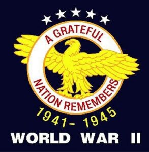 World War 2 banner, a Grateful Nation Remembers with blue background, yellow eagle.