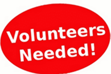 Red and white Volunteers Needed oval sign.