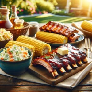 Barbeque Ribs, Cole Slaw, Potato Salad And Corn On The Cob Spread On A Table.