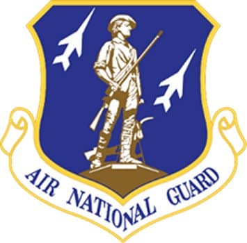 Air National Guard patch with blue background, two jets in white flying up and a Minuteman statue in the center.