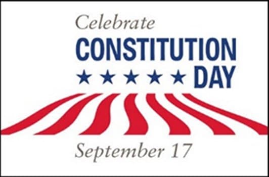 Celebrate Constitution Day, September 17 banner, white background with blue lettering and red stripes representing United States flag.