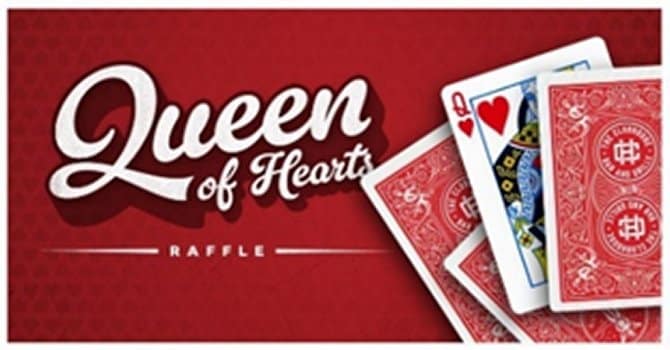 Queen of Hearts raffle banner with four playing cards on right side and red background on banner.