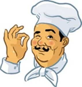 Representation of male chef with typical white hat, collar, a mustache with tips curled up and right hand with index finger touching thumb.