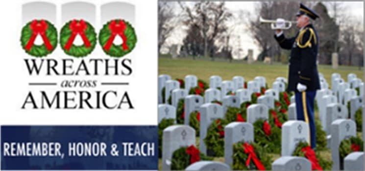 Wreaths Across America banner with three green wreaths with red ribbons and a man in uniform holding a bugle in a graveyard, surrounded by gravestones with wreaths. placed