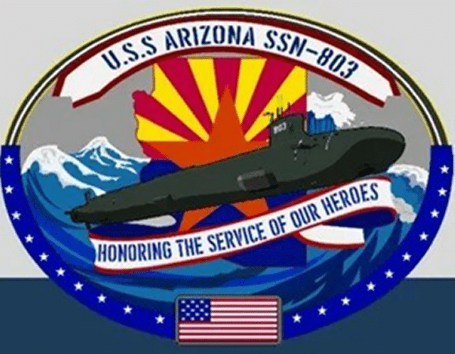 Oval placard for submarine with name U.S.S. Arizona, SSN-803 in nameplate at top, Arizona state flag in red, yellow, orange and blue in the background behind depiction of submarine riding on blue waves with whitecaps. Under submarine is white banner with blue letters, Honorinig The Service of Our Heroes with a United States flag at the bottom of the oval.