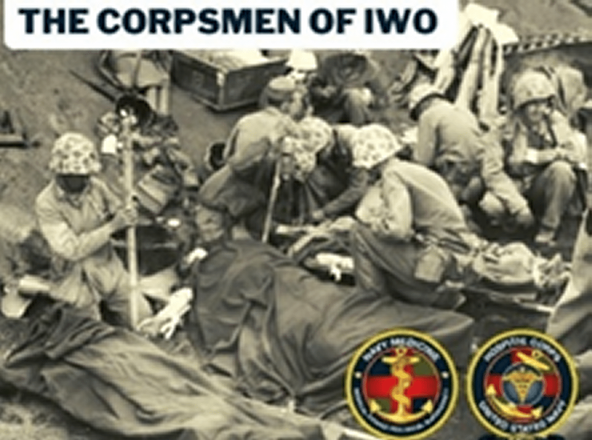 Historical photo of United States Marines at Iwo Jima during World War II with Navy Corpsmen tending to wounded on stretchers titled, The Corpsmen of Iwo.