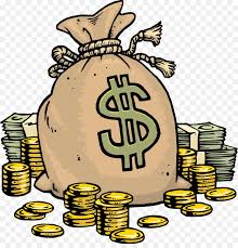 Drawing of a brown bag of money surrounded by stacks of coins.