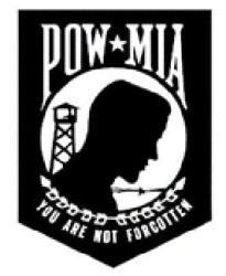 Prisoner-of-War, Missing-in-Action (POW-MIA) banner in black and white.